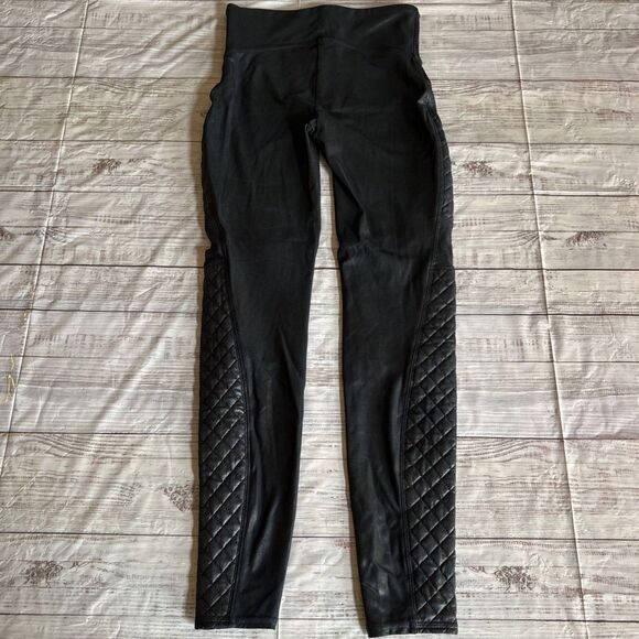 Spanx Black Vegan Faux Leather Moto Biker  Leggings Quilted Panels Small ($110) - Picture 3 of 10